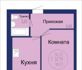 1-комн, 38 кв м, этаж 5/9 