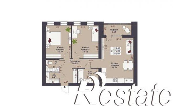 2-комн квартира в новом доме Вознесенская улица, 6Б,  д. 6Б