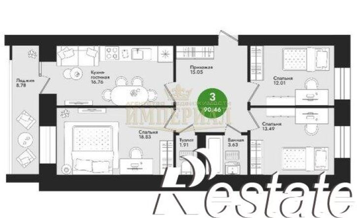 3-комн квартира улица Подольских Курсантов, 21,  д. 21